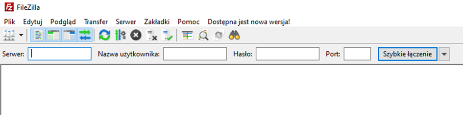 Okno logowania do FTP za pomocą FileZilla