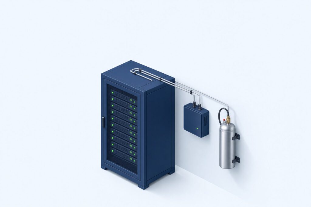 Gaśnica w serwerowni to za mało — jak data center chroni serwery przed pożarem (grafika wygenerowana przez AI)