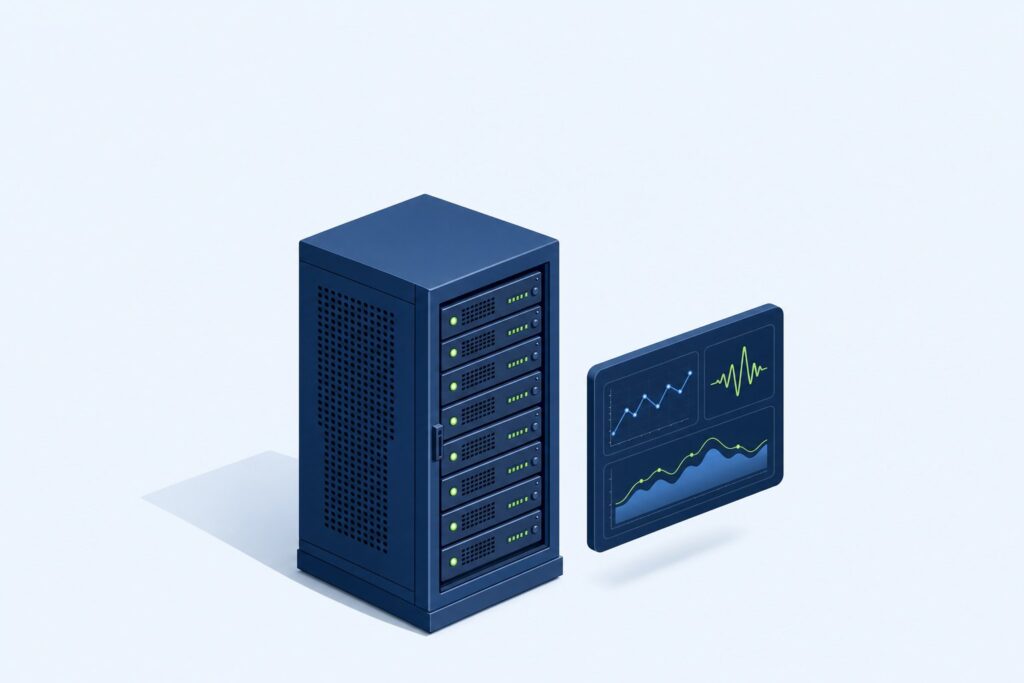 Monitoring serwera dedykowanego: co widzi data center, a co musisz obserwować sam (grafika wygenerowana przez AI)